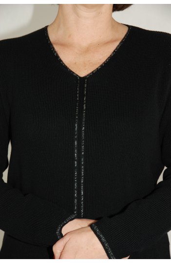 Czarny sweterek z dzianiny ze srebrną lamówką