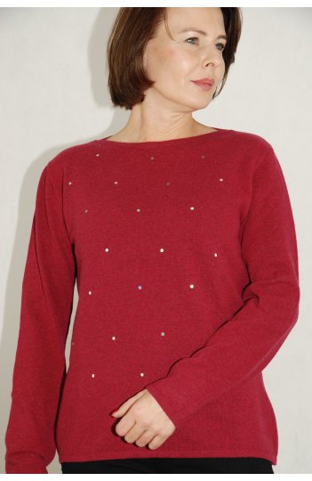 Malinowy sweter z wełną - błyszczące kropki