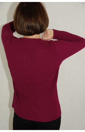 Sweter dzianinowy z dekoltem V, kolor bakłażan