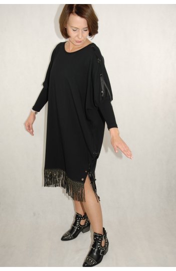 LaLeLi - czarna suknia bawełniana z frędzlami