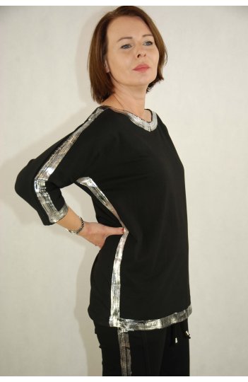 Ciocco - czarna bluzka bawełniana zdobiona szerokimi, srebrnymi lamówkami
