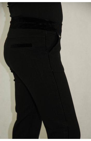 Lafei-Nier - czarne spodnie damskie z dzianiny z welurowym lampasem