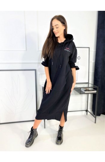 LaLeLi - czarna, bawełniana sukienka z kieszenią pośrodku