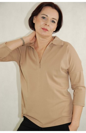 Ciocco - beżowa, bawełniana bluzka damska z kołnierzykiem