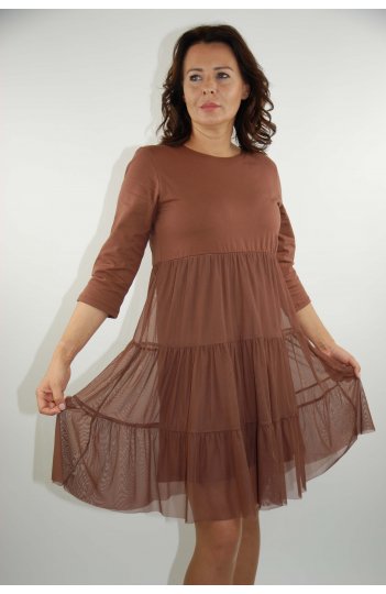 Ciocco - brązowa sukienka z tiulowymi falbankami