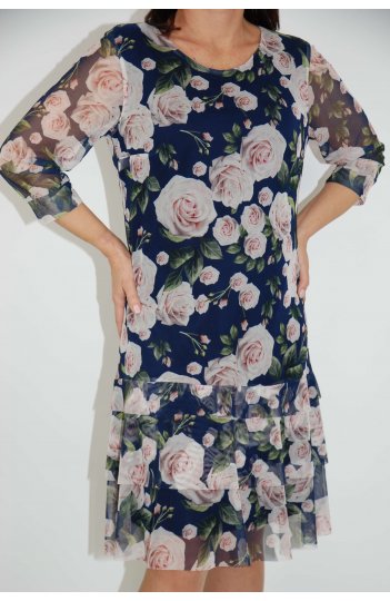 Granatowa sukienka tiulowa w róże - duże rozmiary